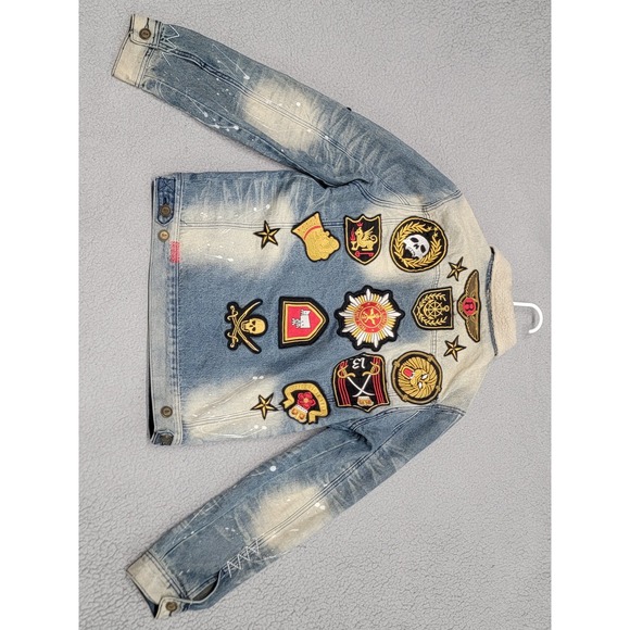 Reason Jacket Mens Small Sherpa Lined Denim Patch Embroidered Graphic Streetwear - Picture 6 of 12